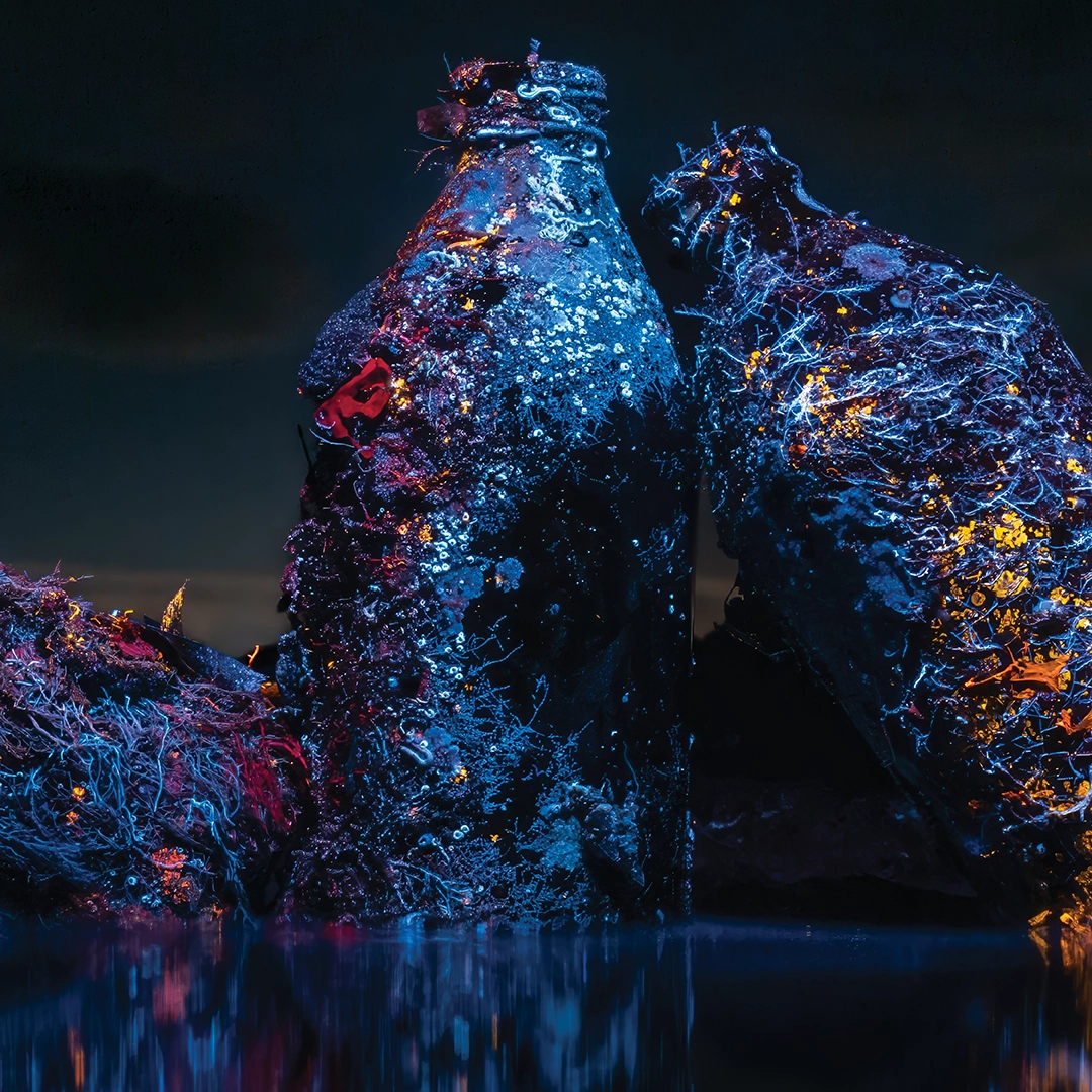 Pier pylons hung with fluorescing marine growth under UV light, San Remo, Victoria — Matt Bagley