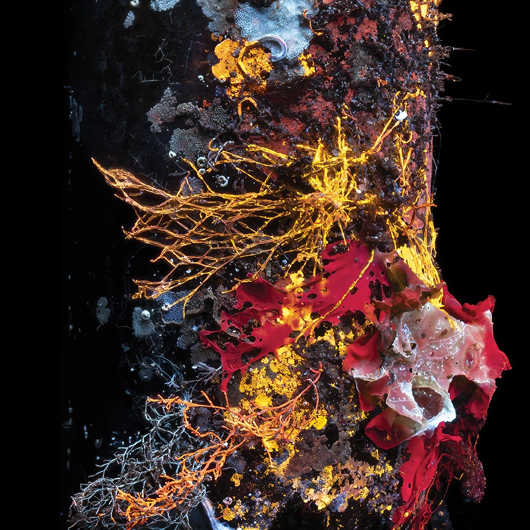 Bottle reclaimed by fluorescing marine growth under UV light, San Remo, Victoria — Matt Bagley