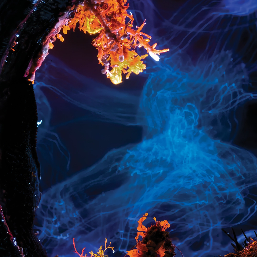 Jellyfish drifting through a reclaimed tyre under UV light, San Remo, Victoria — Matt Bagley